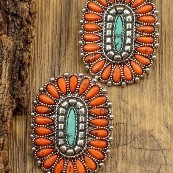 Women's Embellished With faux Turquoise and orange stones earrings - Picture 4 of 6